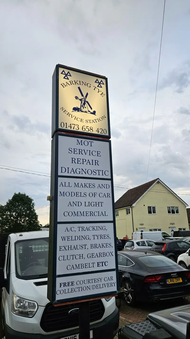 The Barking Tye Service Station sign at the roadside
